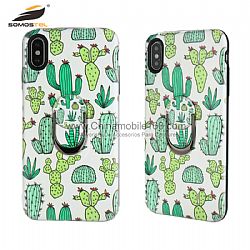 TPU + PC combinada funda en dibujo colorido con soporte para anillo de dedo