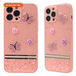 Borde recto Epoxy Mariposa y Flor Decoración TPU+PC Funda de teléfono