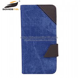 Wholesale Hit Color Blue Canvas Folio Flip Stand Leather Case with Card Holder