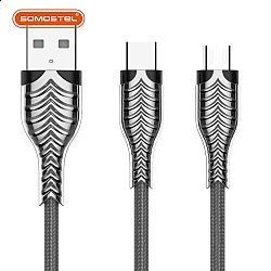 Cable de datos de carga trenzado con conector de aleación de zinc con patrón de espina de pescado